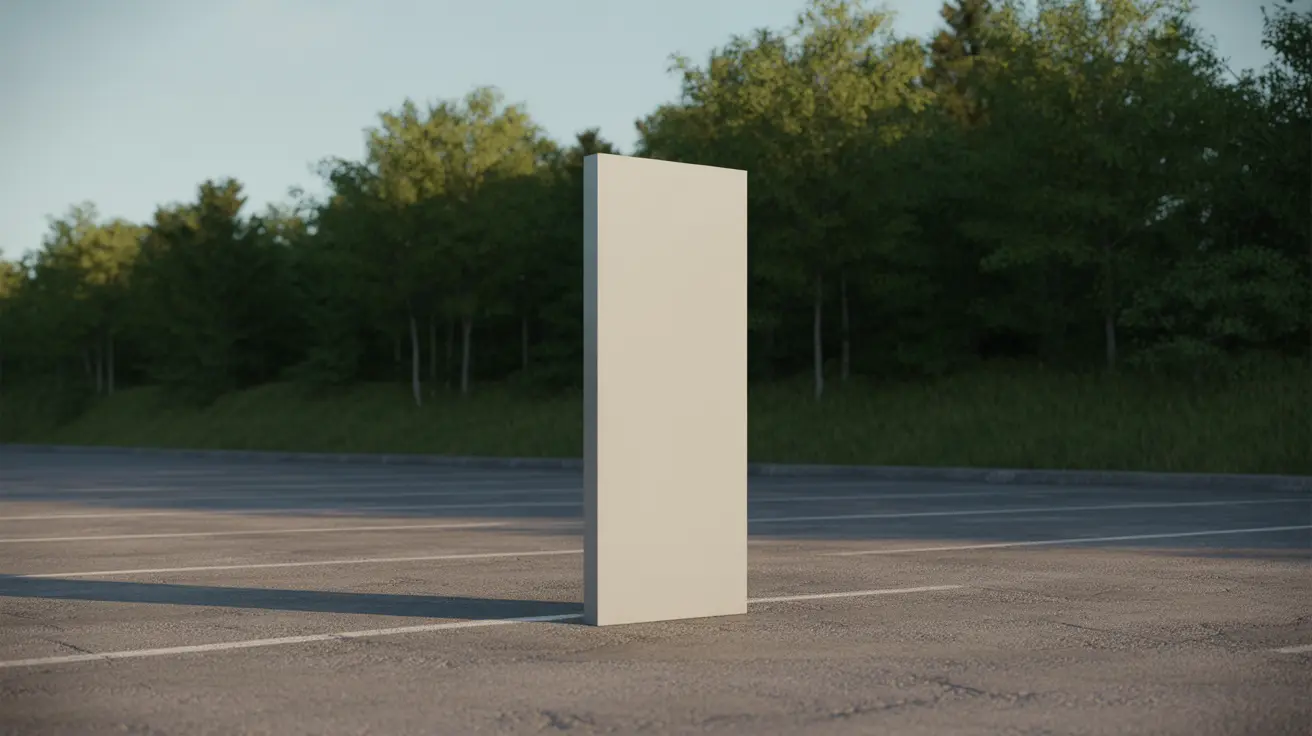 Un monolito rectangular alto y de color beige, de pie sobre una carretera asfaltada con árboles visibles al fondo