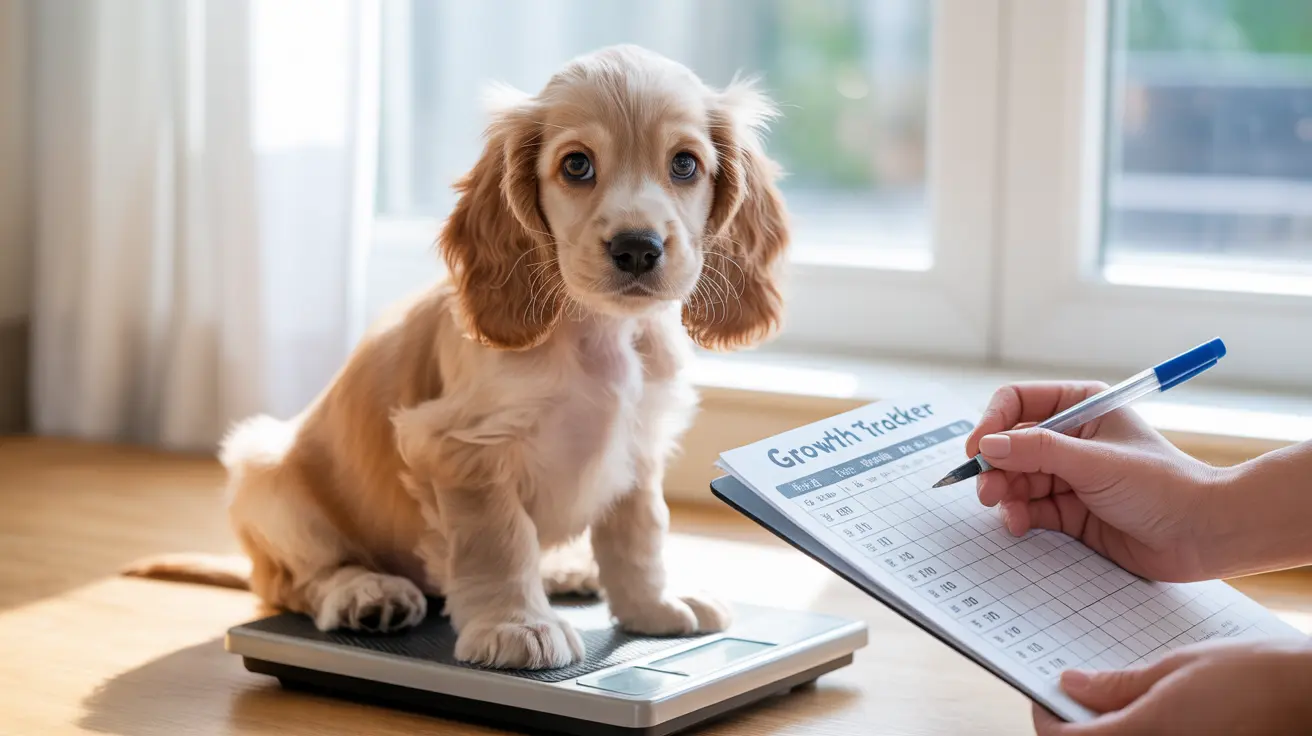 A young Cocker Spaniel puppy sitting on a digital scale with weight being recorded on a growth tracker