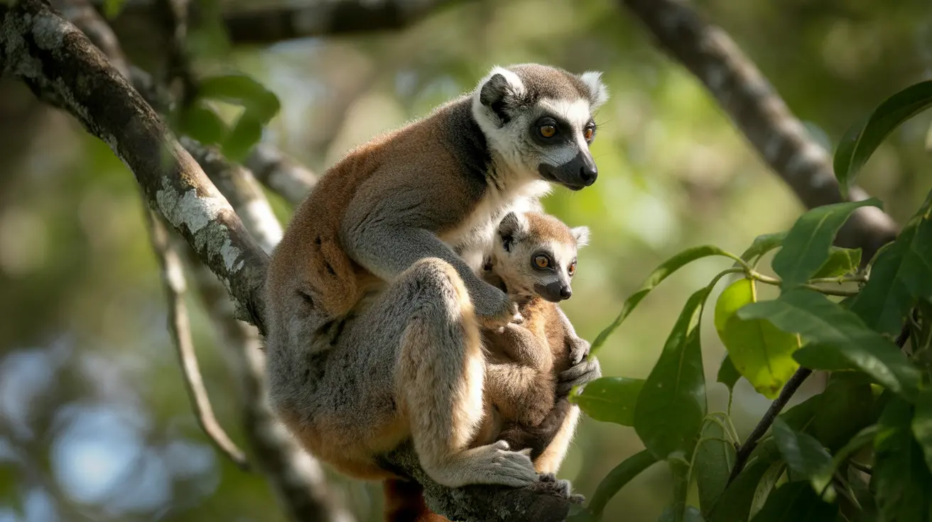 Newborn collared lemur baby clinging to its mother in the Madagascar habitat at Bronx Zoo