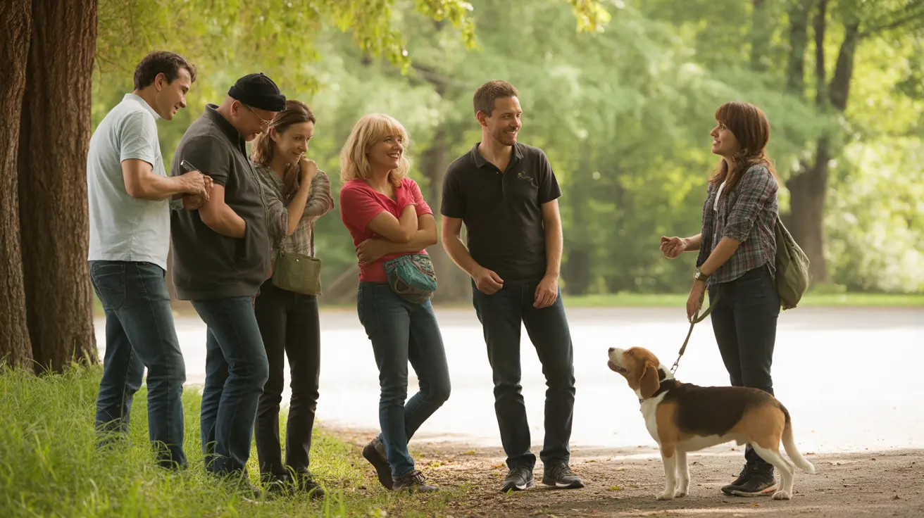 Un grupo de cinco personas socializando en un parque mientras una persona pasea un Beagle con correa