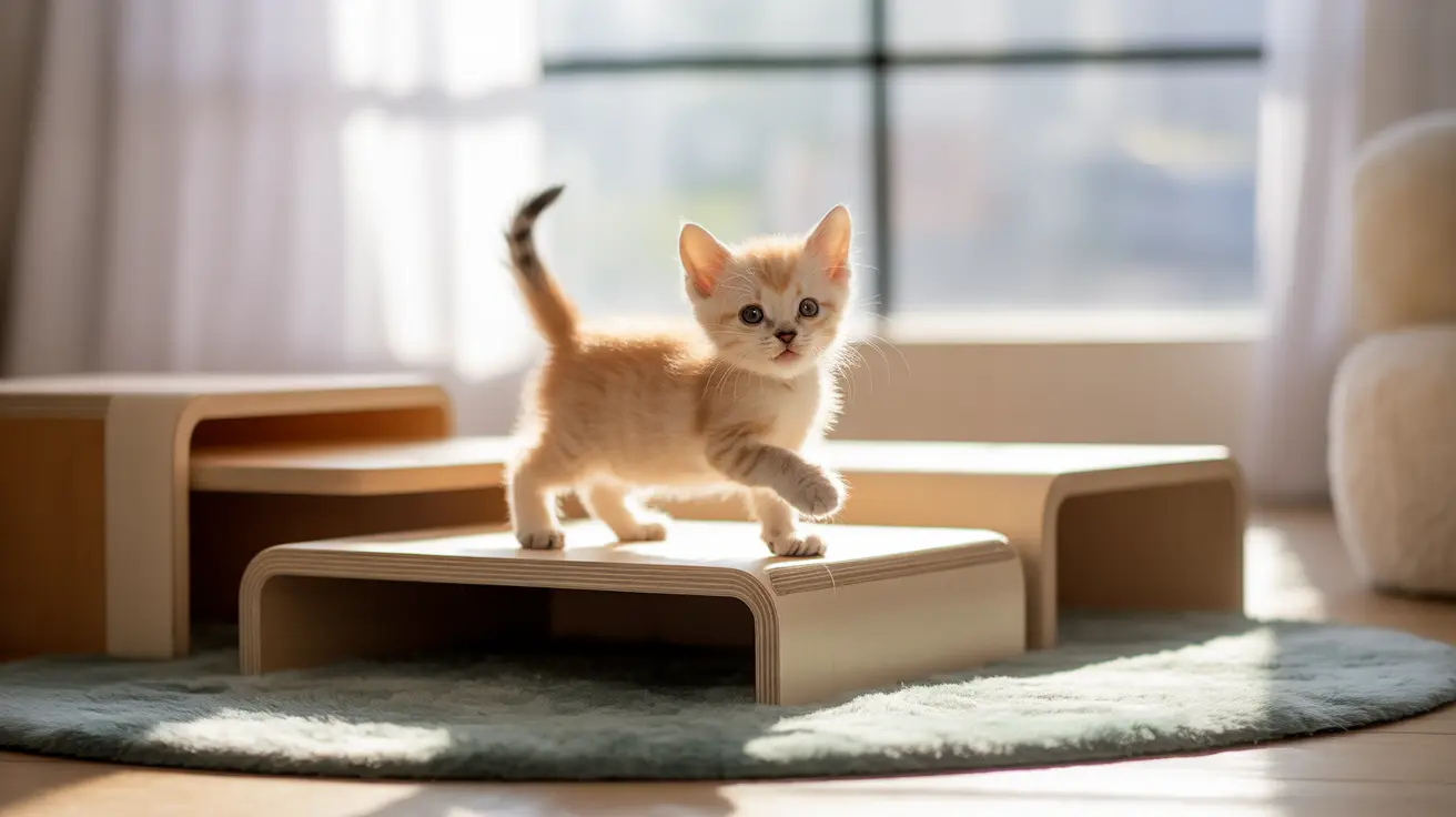 Munchkin kitten playing among low-height platforms in a sunlit room
