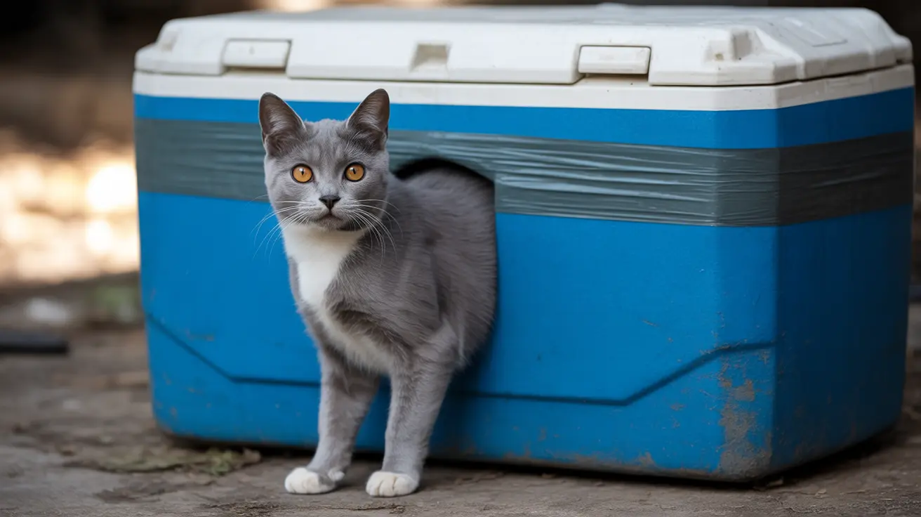 DIY insulated cat shelter made from a repurposed cooler providing winter protection for outdoor feral cats