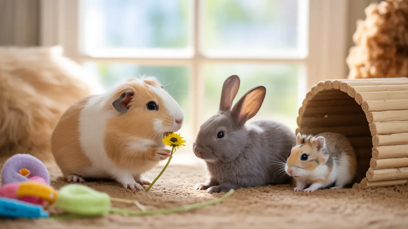 Various small pets including rabbits, hamsters, and guinea pigs in a safe rescue environment