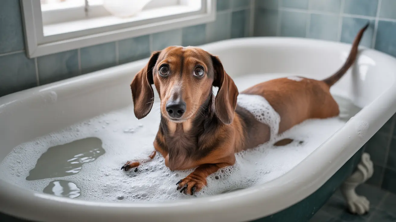A dachshund sitting in a bathtub filled with soapy water, looking directly at the camera with a slightly worried expression