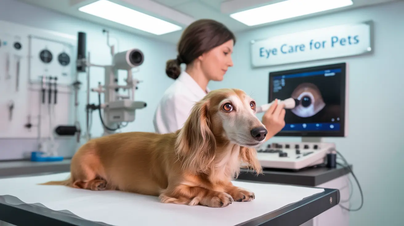 A long-haired dachshund receiving an eye examination at a veterinary eye care clinic