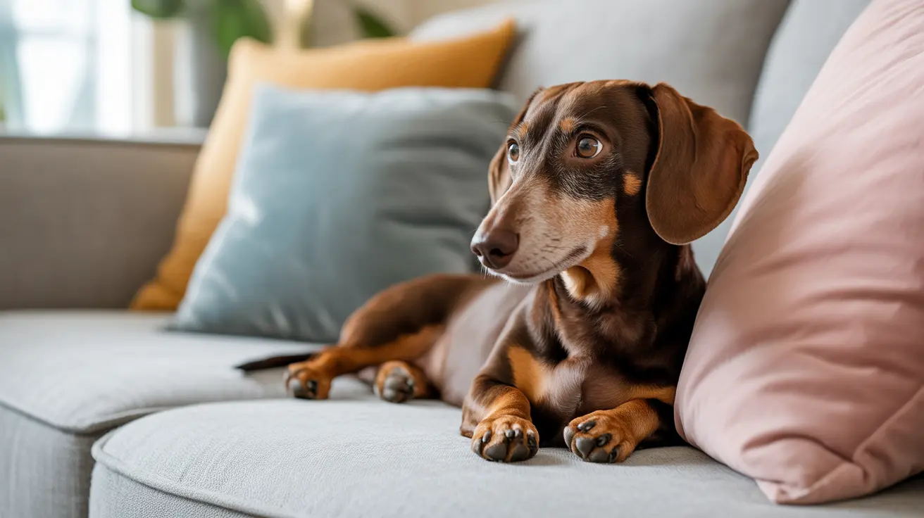 A brown and black dachshund sitting alertly on a gray couch with colorful throw pillows