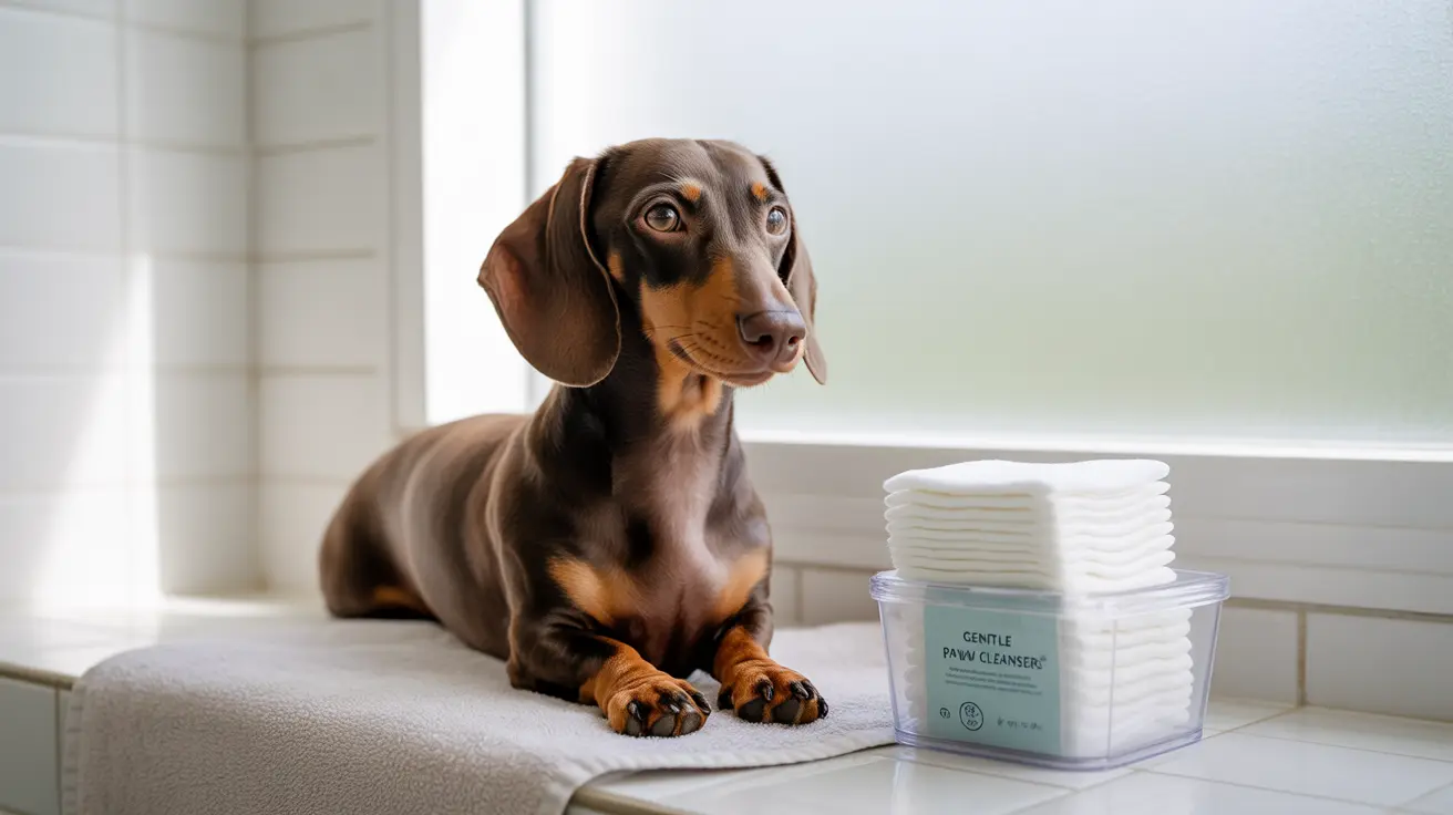 A chocolate and tan Dachshund sitting alertly next to a container of paw cleanser wipes