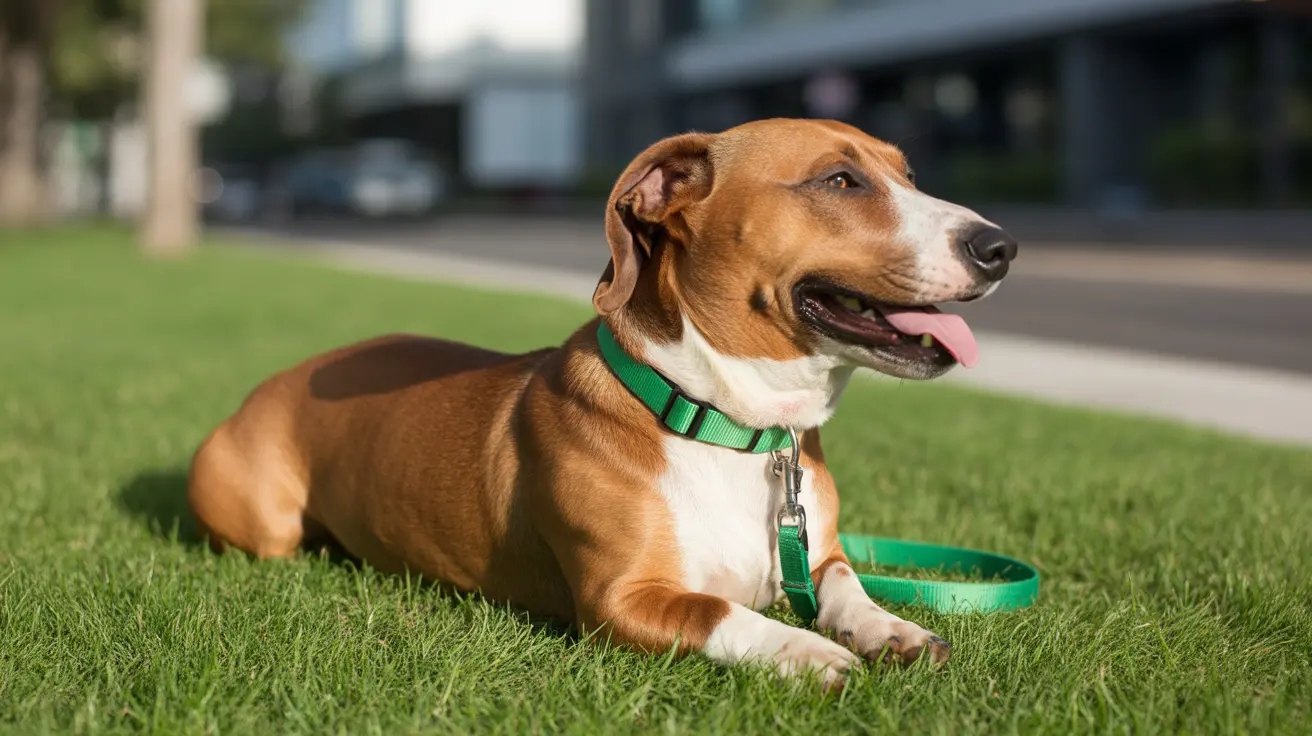 緑の首輪をつけた茶色と白のミニチュアダックスフントが草の上に横たわり、舌を出して幸せそうにパンティングしている様子