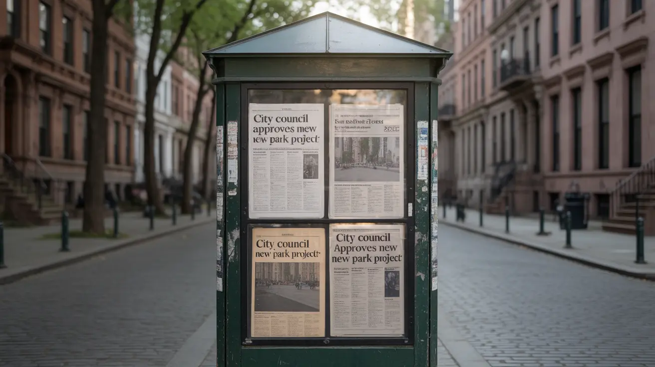 Un expositor público de periódicos verdes con varios ejemplares mostrando el mismo titular sobre un proyecto de parque del ayuntamiento.