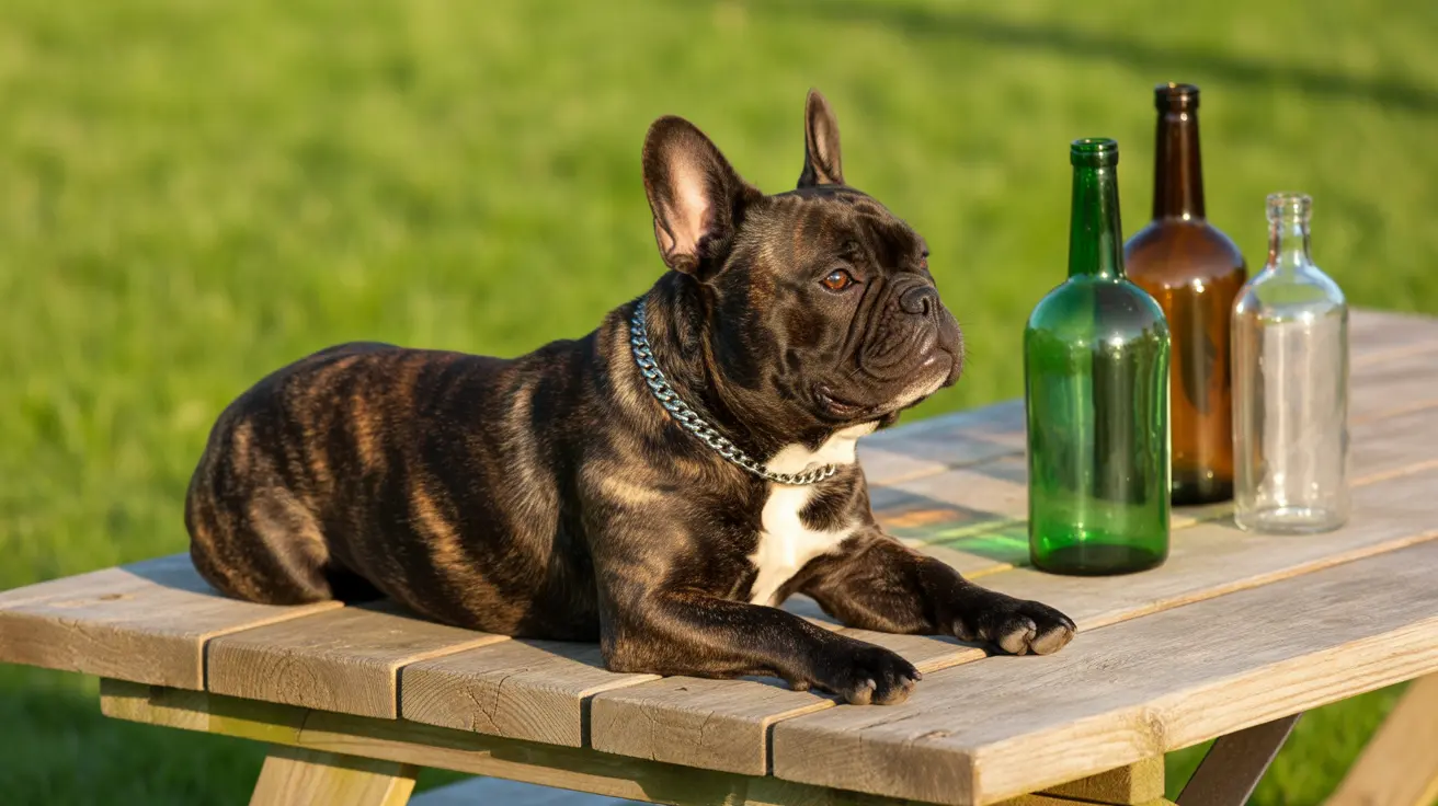 鎖のカラーを着けたブリンドルのフレンチ・ブルドッグが、装飾的なガラス瓶の隣の木製ピクニックテーブルの上に横たわっている様子