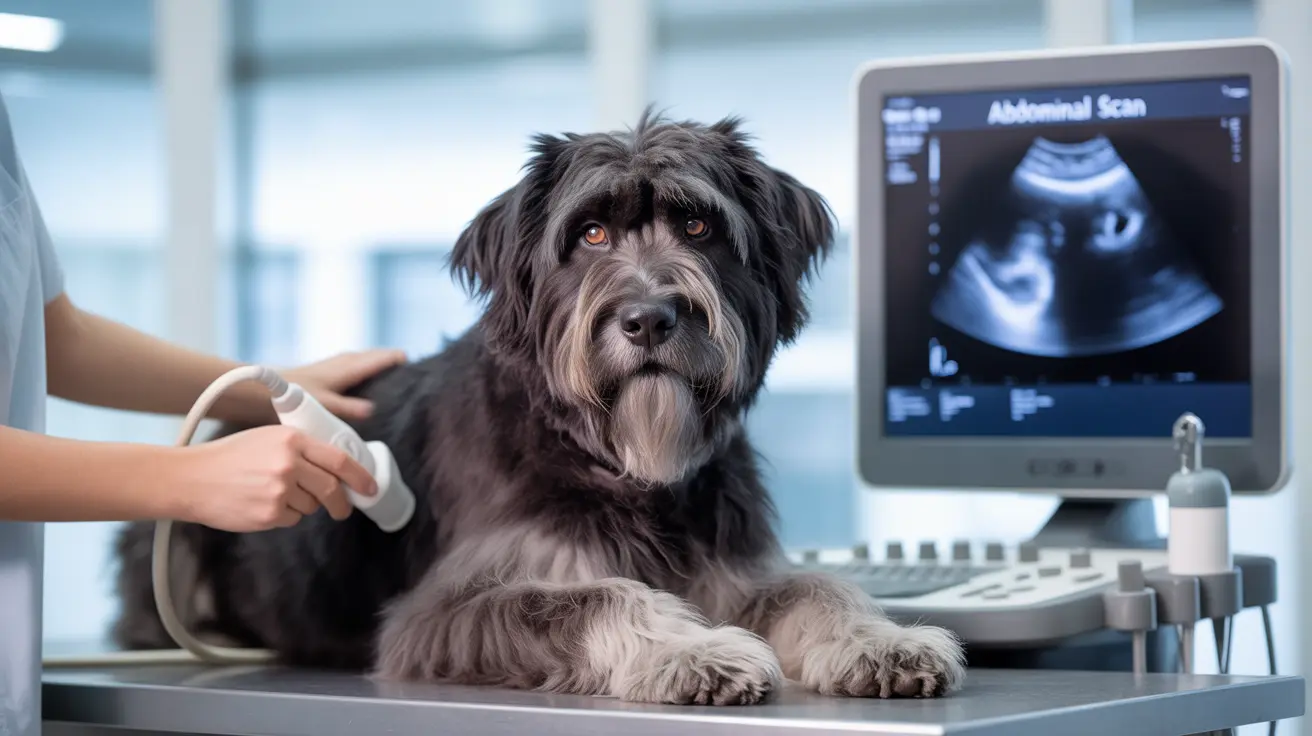 A shaggy black and gray dog receiving an abdominal ultrasound at a veterinary clinic