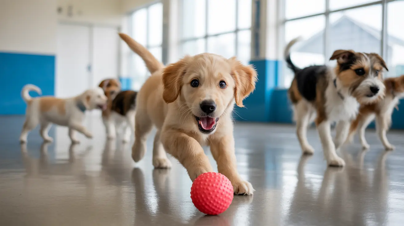 Two dogs interacting in a daycare play area under supervision