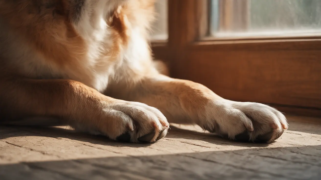 Um cachorro com pelo dourado e branco descansando com as patas esticadas em um piso de madeira sob a luz quente do sol que entra pela janela.