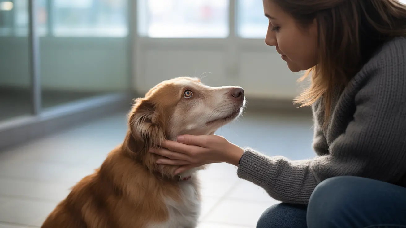 グレーのセーターを着た女性が明るく現代的な屋内空間で赤いマールのオーストラリアン・シェパードを優しく抱きしめ見つめている