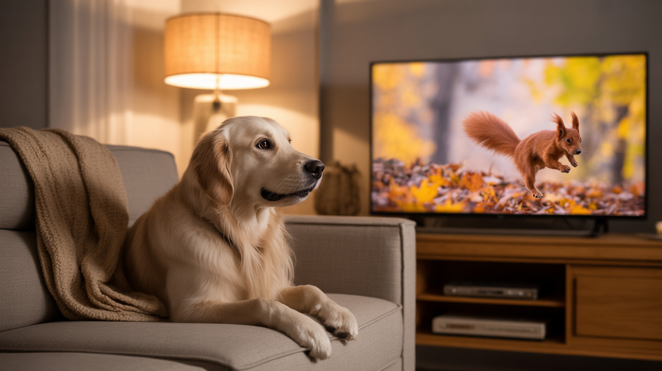 A dog intently watching television screen showing animals in nature