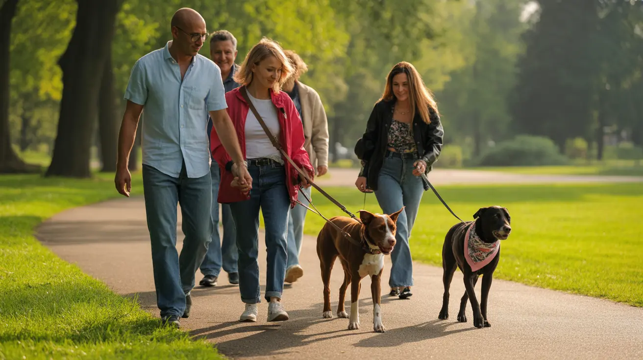 Un grupo de cuatro personas paseando dos perros con correa por un camino pavimentado en un parque soleado