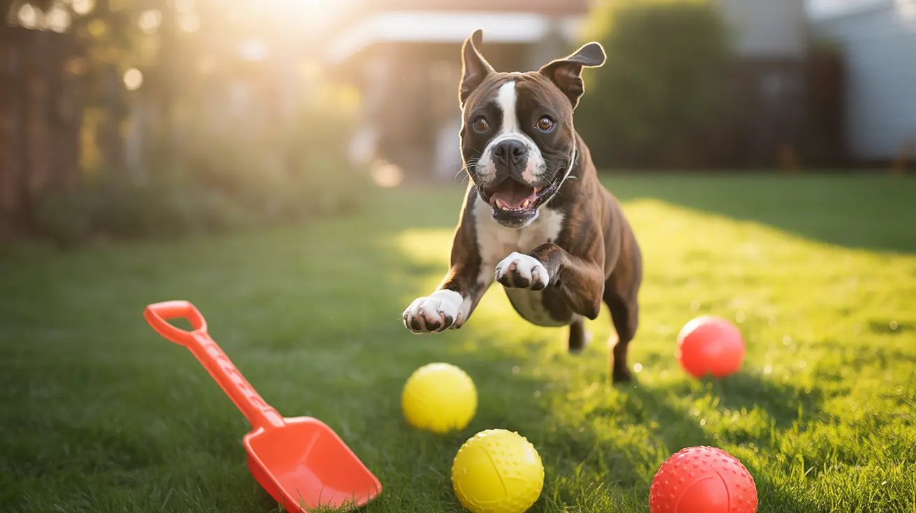 An energetic Pit Bull mid-leap in a sunny backyard with colorful play balls and a red shovel.