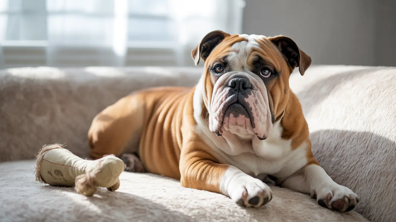 Un bulldog inglés sentado en un sofá acogedor con un juguete para masticar, con aspecto tranquilo y serio