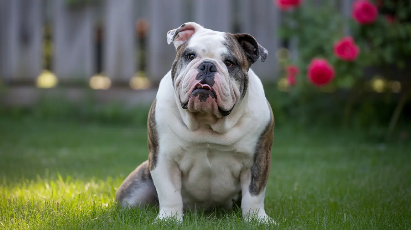 Un bulldog anglais assis sur une pelouse verte avec une clôture en bois et des roses rouges en arrière-plan.