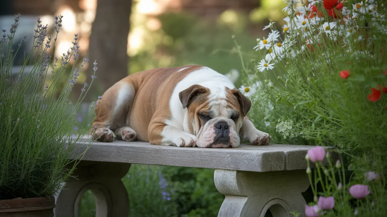 An English Bulldog sleeping peacefully on a stone bench in a lush garden