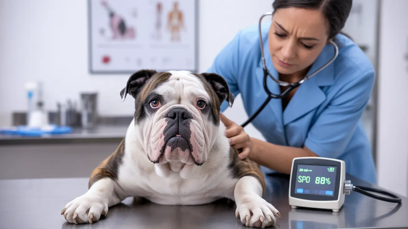 An English Bulldog receiving a medical examination from a veterinary professional