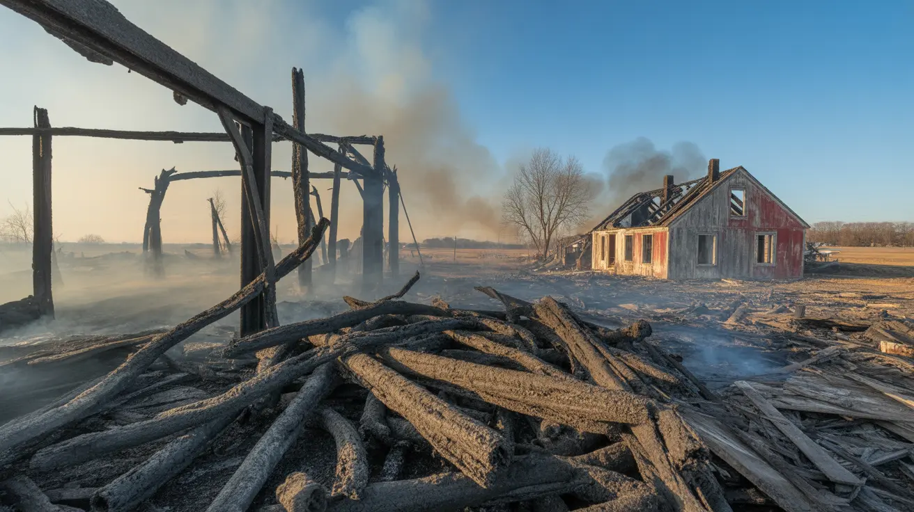 Fire safety equipment including extinguishers and smoke detectors installed in a rural barn