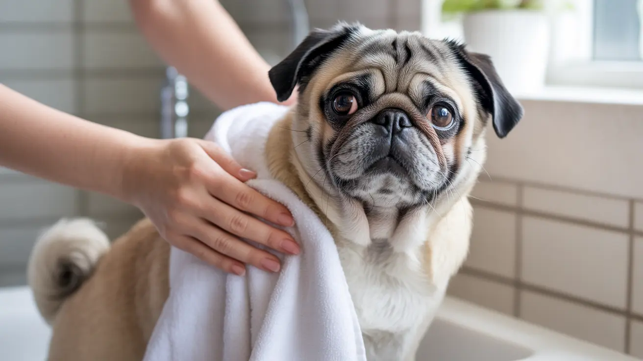 A fawn-colored Pug being dried with a white towel after a bath, with large expressive eyes