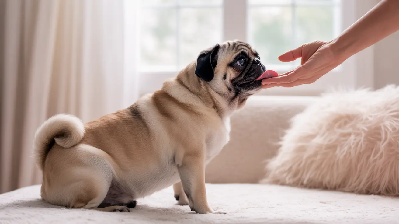 A fawn-colored pug being petted by a human hand near a bright window
