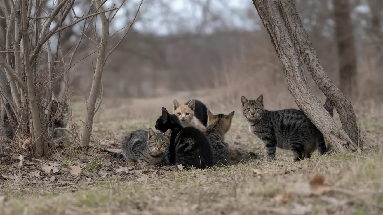 A feral cat sitting outdoors in a suburban area on Long Island