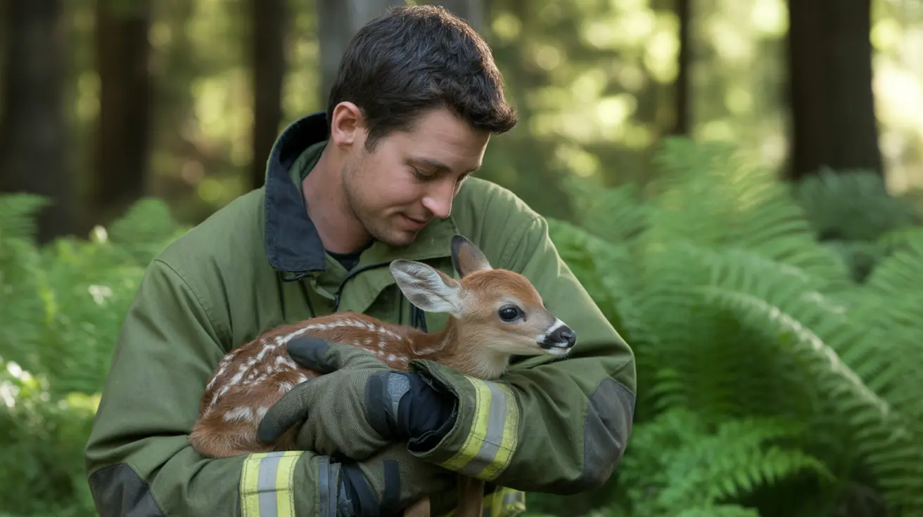 保護用具を着用した男性が豊かな森林の中で斑点模様の幼い子鹿を優しく抱いている様子