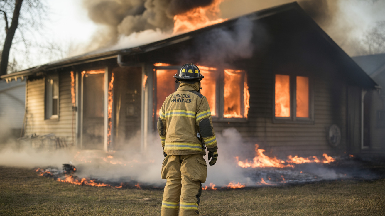 Firefighters responding to a fire at a cluttered hoarder house with animals inside