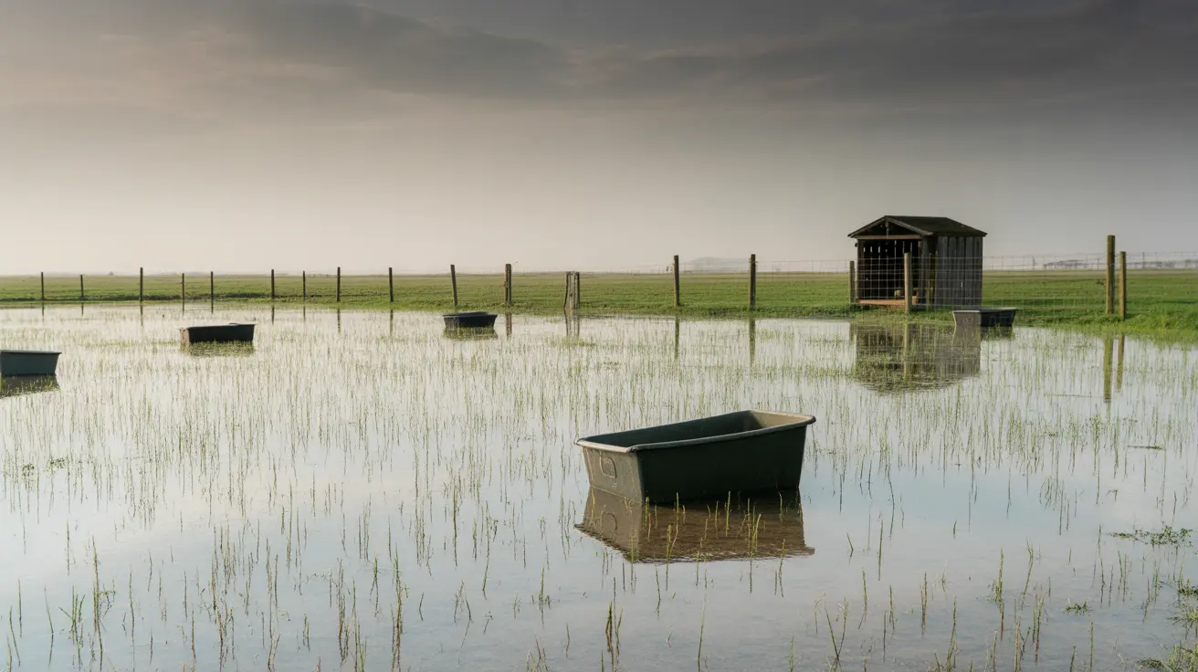 Flooded animal sanctuary with farm animals and damaged roof at Macomb County