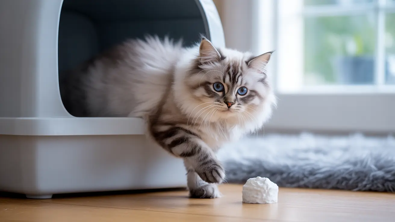 Fluffy white and gray cat with striking blue eyes sitting near a litter box with a white round object in front