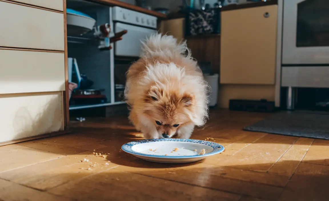 A fluffy Pomeranian cautiously sniffs at a plate on the kitchen floor