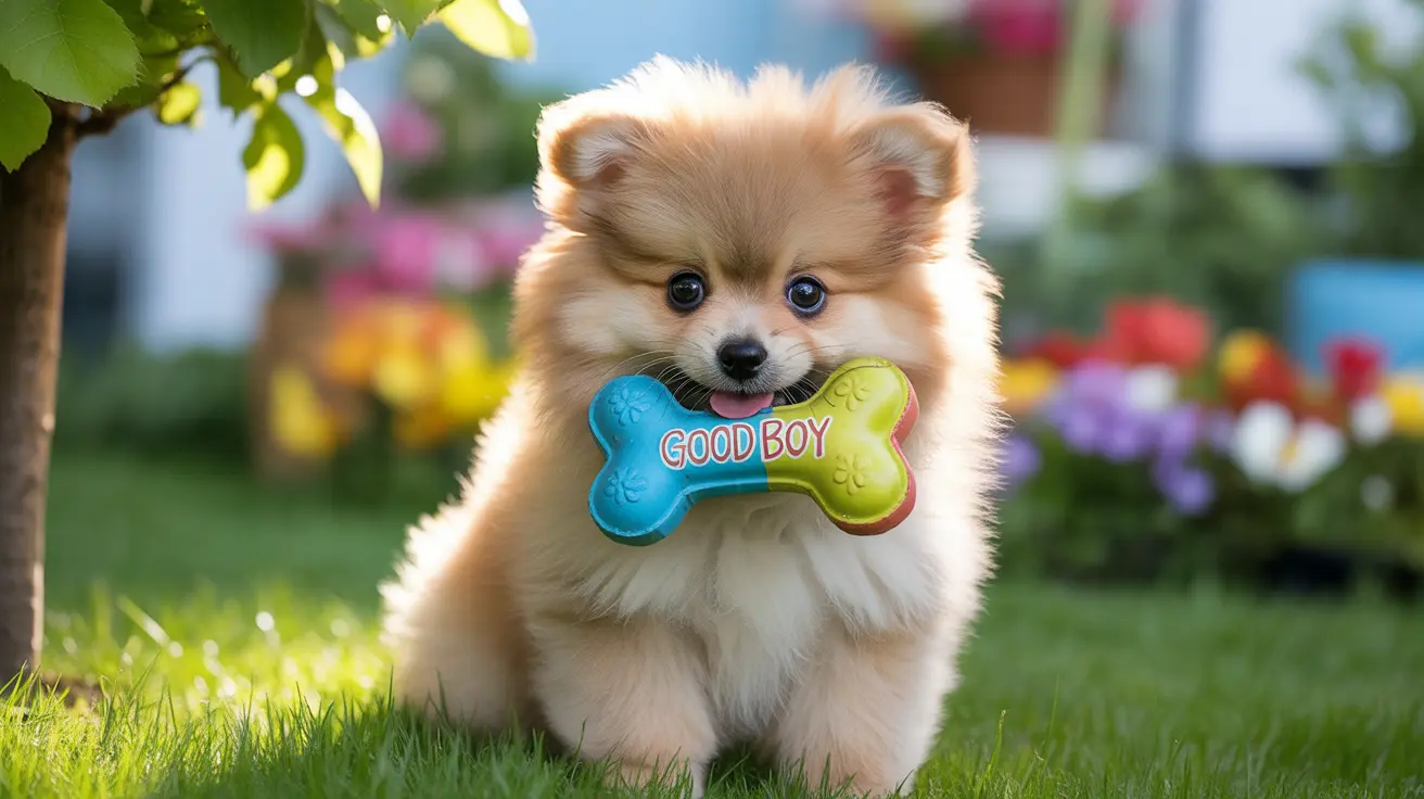 A fluffy Pomeranian puppy sitting on green grass holding a colorful 'Good Boy' bone-shaped toy in its mouth