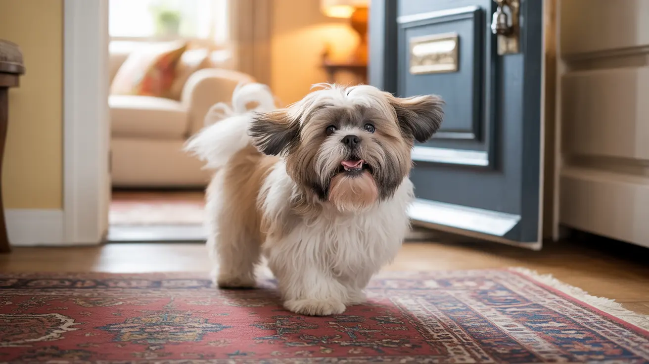A fluffy white and tan Shih Tzu standing on a decorative red oriental rug inside a cozy home