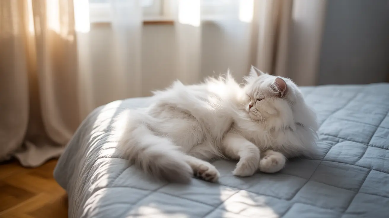 窓から明るい日差しが差し込むグレーのキルティングベッドの上で、ふわふわの白いペルシャ猫が穏やかに横たわっている様子