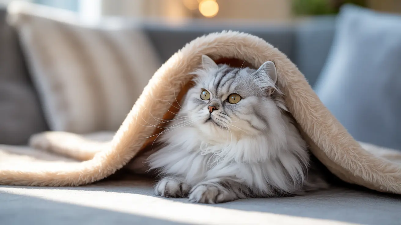 柔らかい灰色の毛布の上で優雅に座っている、荘厳な銀色と白のメインクーンの猫。窓の近くにいます。