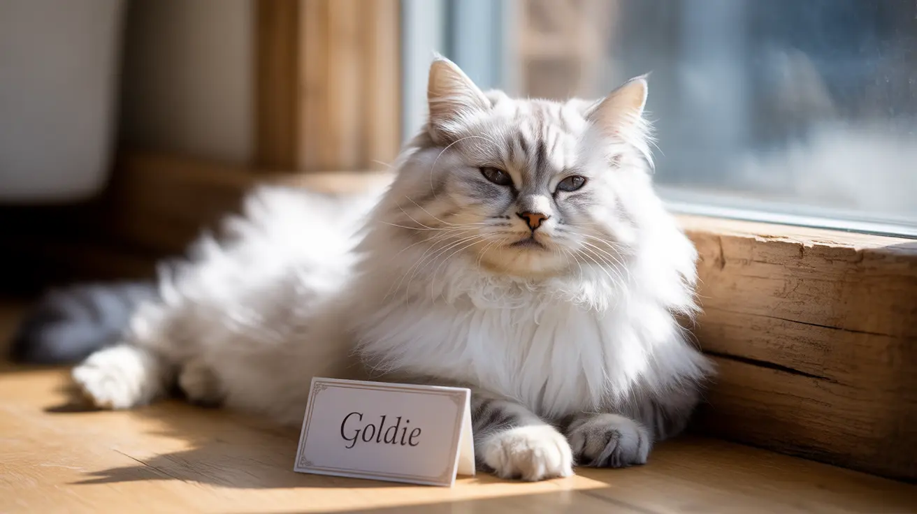 A fluffy white Ragdoll cat sitting regally beside a nameplate that reads 'Goldie'.