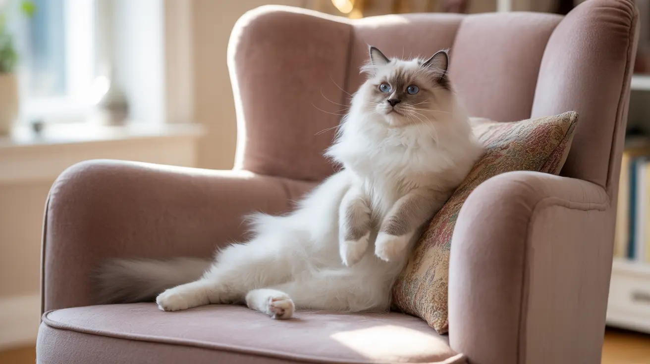 A fluffy white Ragdoll cat lounging on a dusty pink armchair