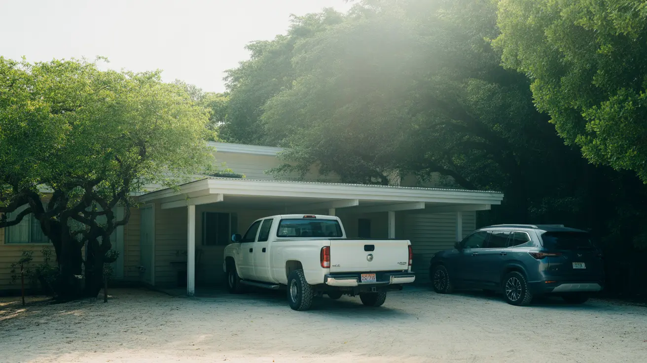 Una cochera residencial con una camioneta blanca y un SUV oscuro estacionados bajo una estructura cubierta rodeada de árboles verdes y frondosos