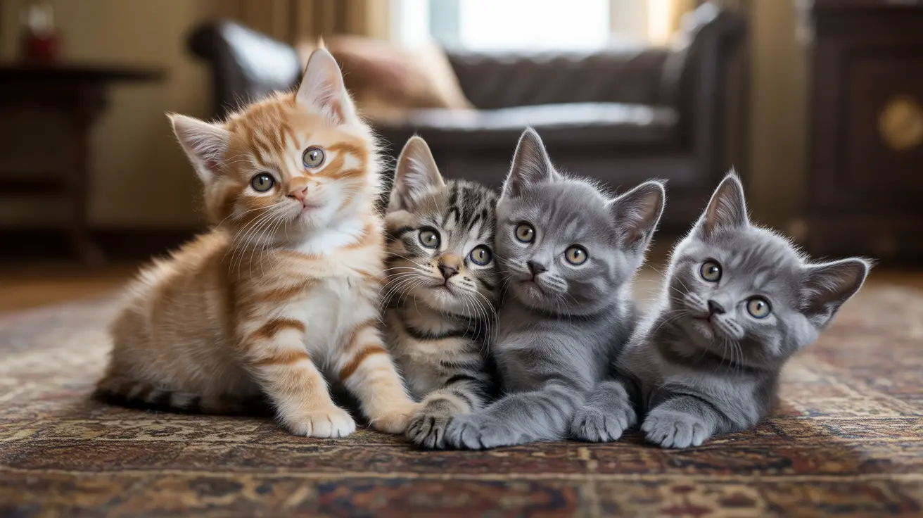Cuatro adorables gatitos de diferentes colores sentados juntos sobre una alfombra con patrón en una sala de estar acogedora.