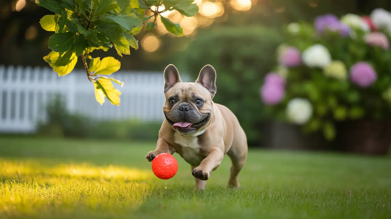 A French Bulldog enthusiastically chasing a red ball in a sunlit backyard garden.