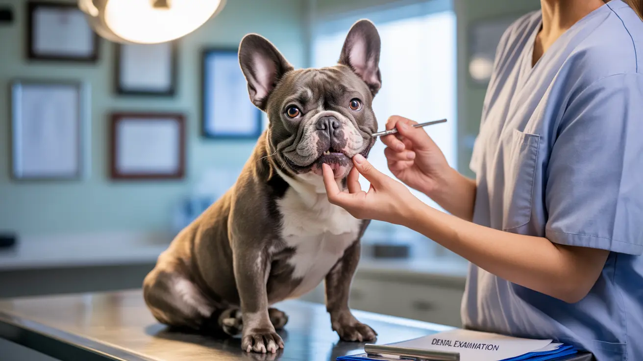 A French Bulldog receiving a dental examination at a veterinary clinic