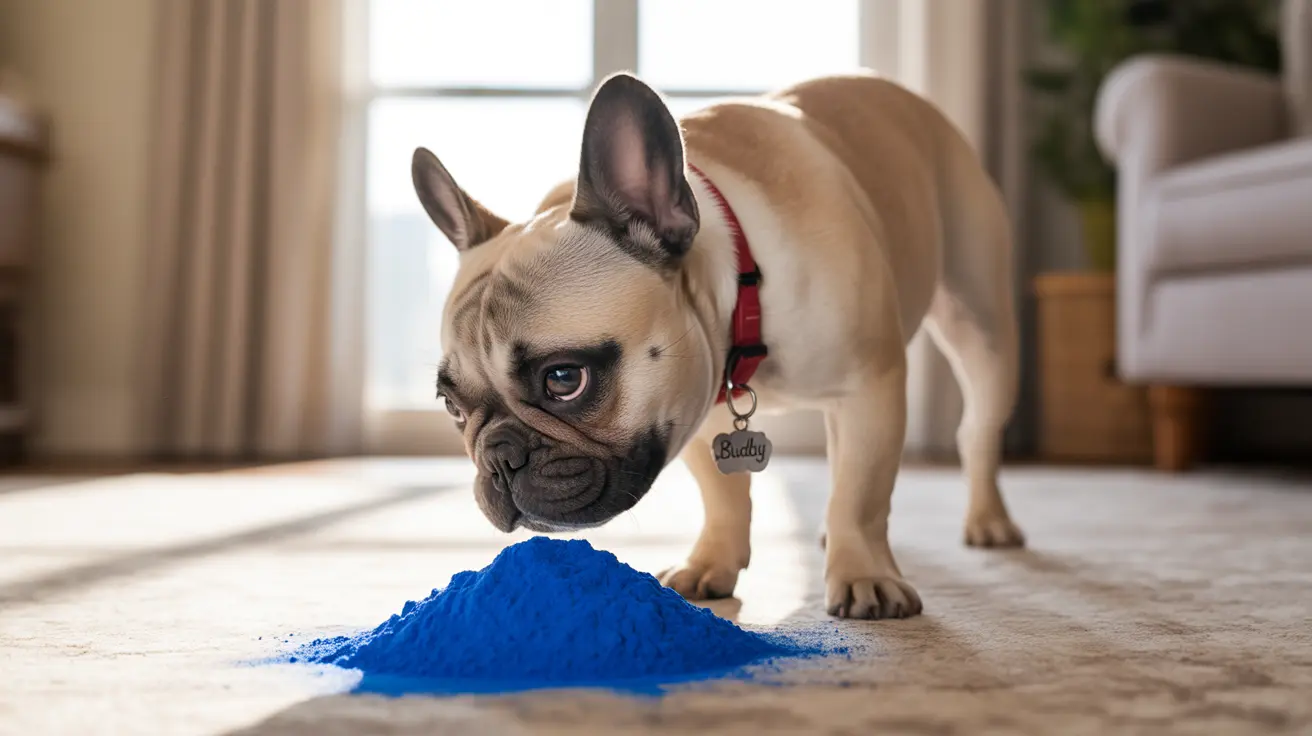A French Bulldog puppy examining bright blue powder on a carpet