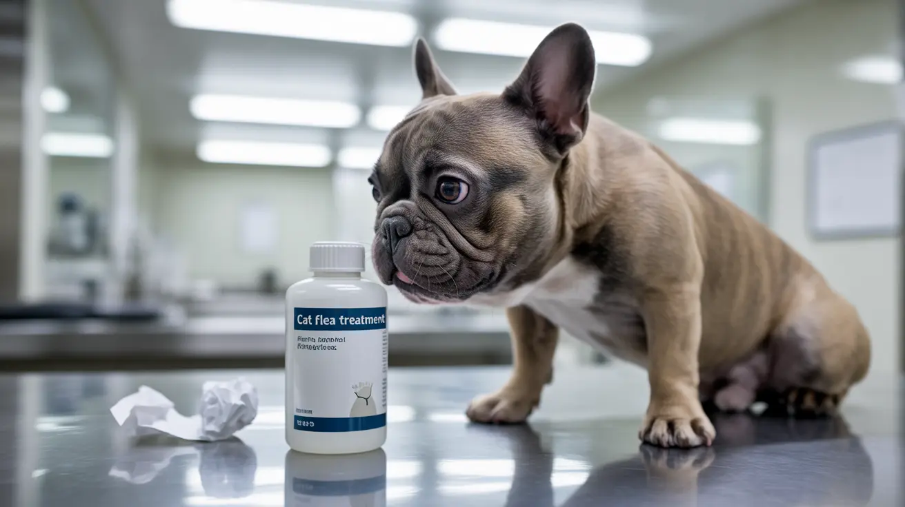 French Bulldog puppy with flea treatment bottle in veterinary setting