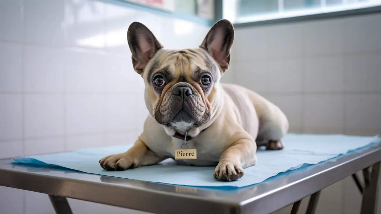 A French Bulldog named Pierre on a blue medical examination pad at a veterinary clinic