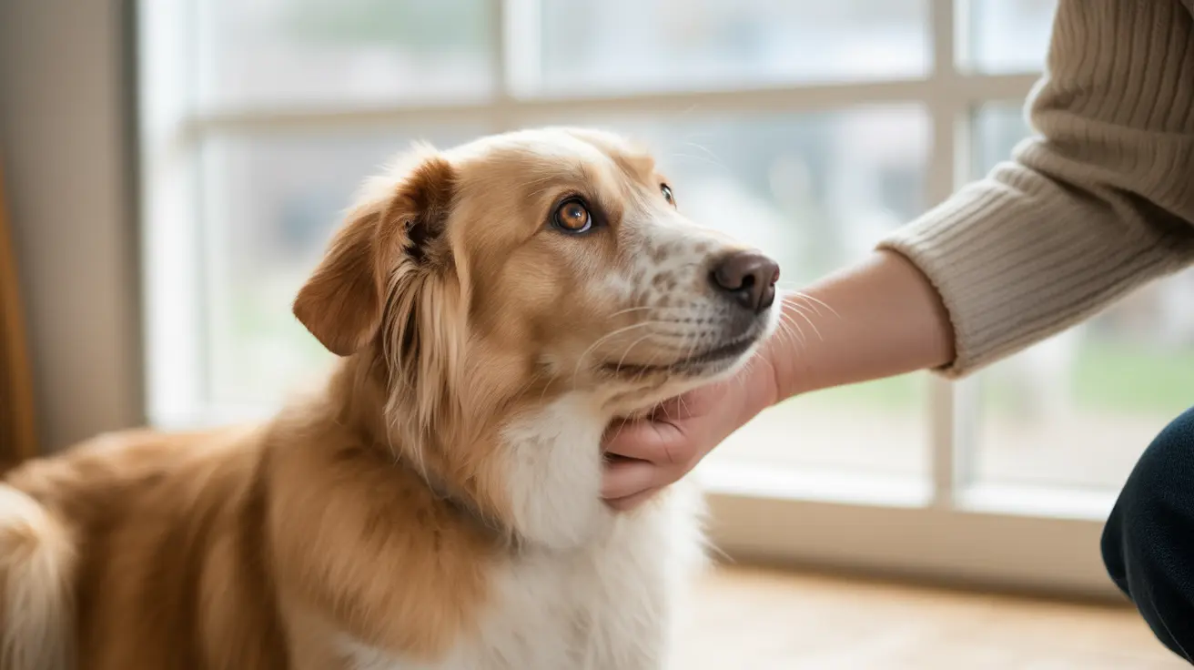 Un perro de tamaño mediano con pelaje rojo marrón y blanco siendo acariciado suavemente por una mano en un ambiente interior luminoso.