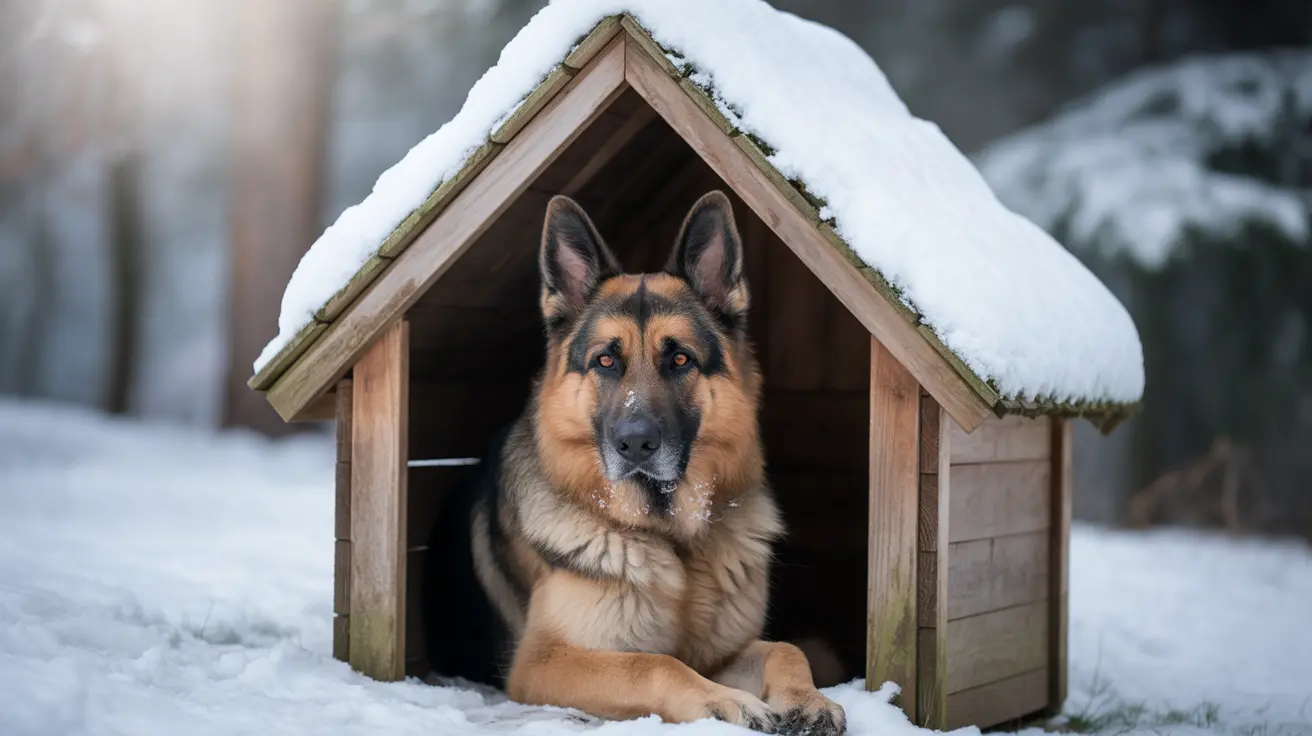 Outdoor dog in a weather-protected shelter during winter