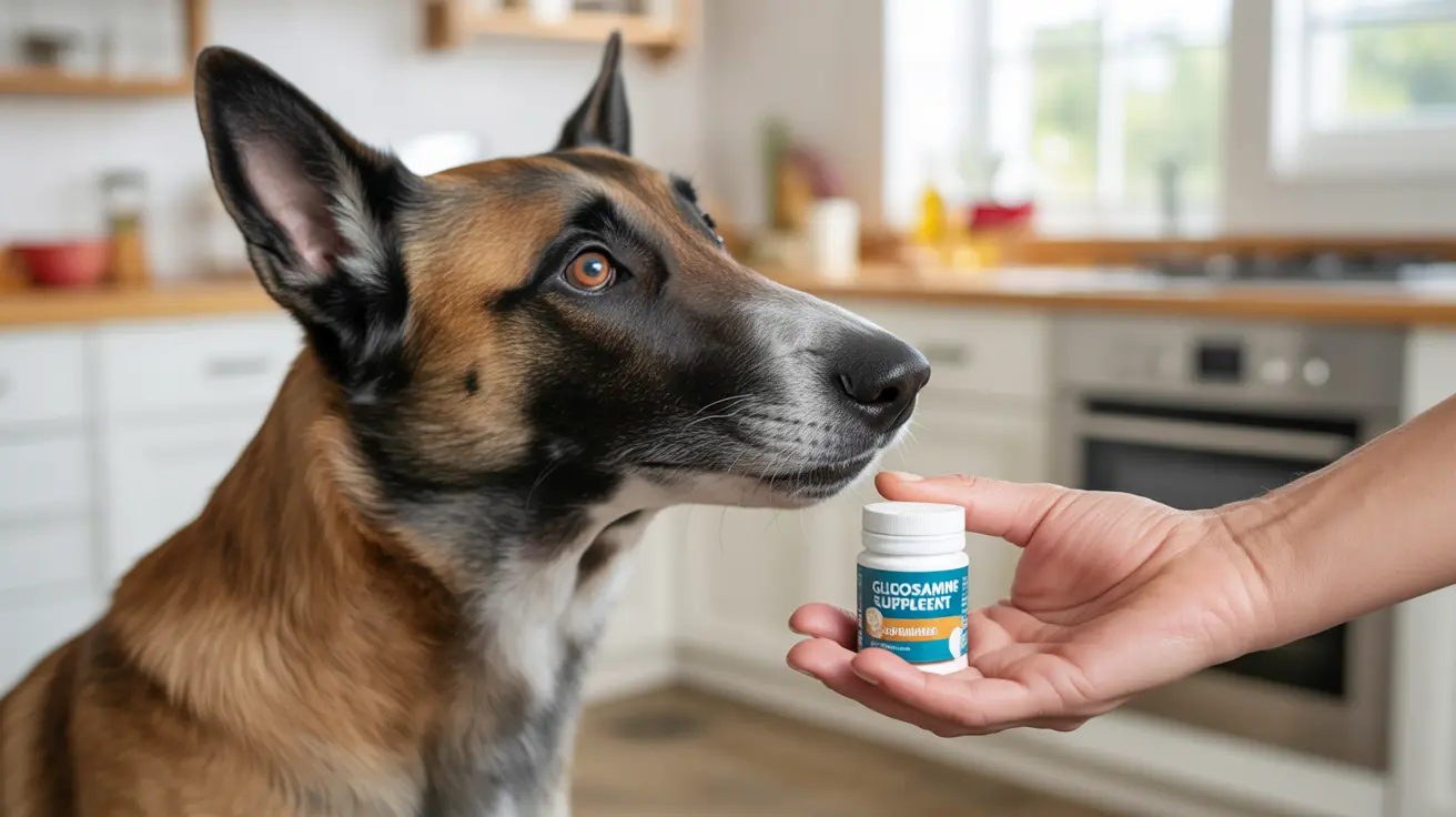 モダンなキッチンでグルコサミンサプリメントを差し出されているジャーマン・シェパード